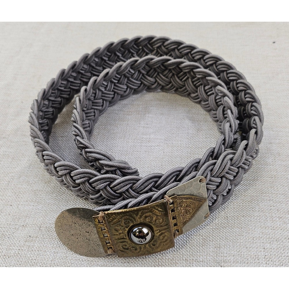Vtg BAER SF Braided Cord Belt with Ornate Hammered Brass & Silver Metal‎ Buckle